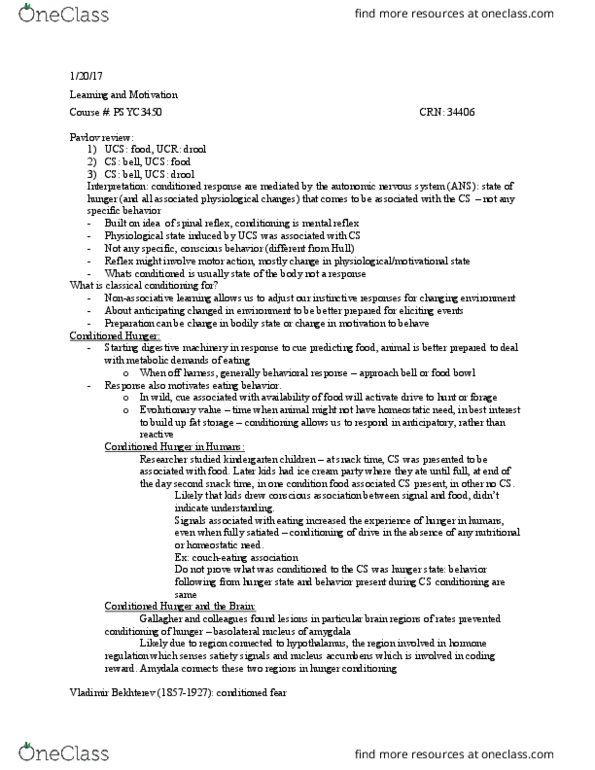 PSYC 3450 Lecture Notes - Lecture 4: Interstimulus Interval, Latent Inhibition, Contiguity thumbnail