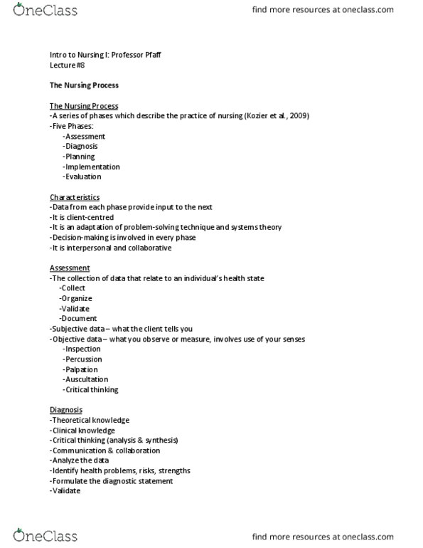 NURS 1710 Lecture Notes - Lecture 8: Clinical Pathway, Auscultation, Palpation thumbnail