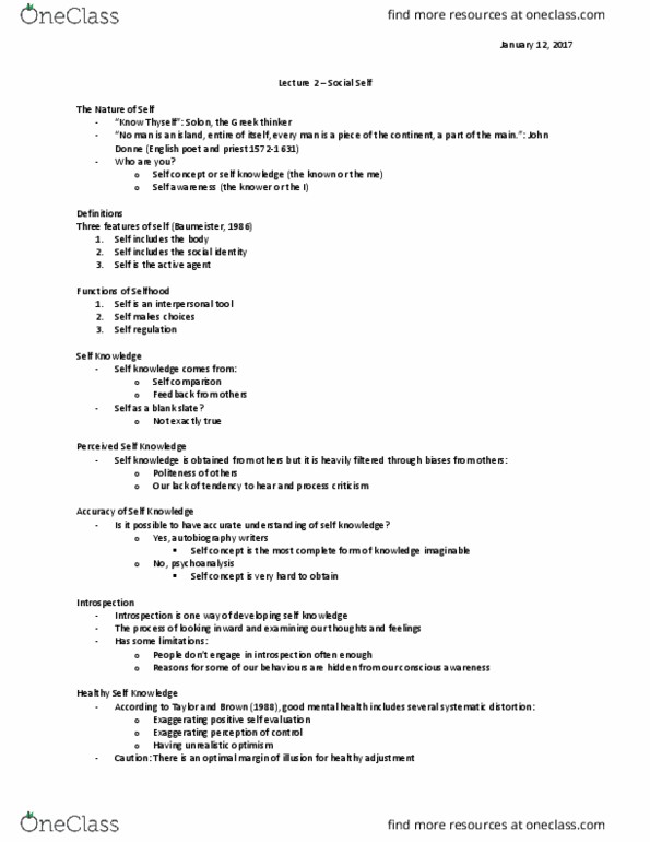 PSYC 2310 Lecture Notes - Lecture 2: Roy Baumeister, Tabula Rasa, Self-Awareness thumbnail