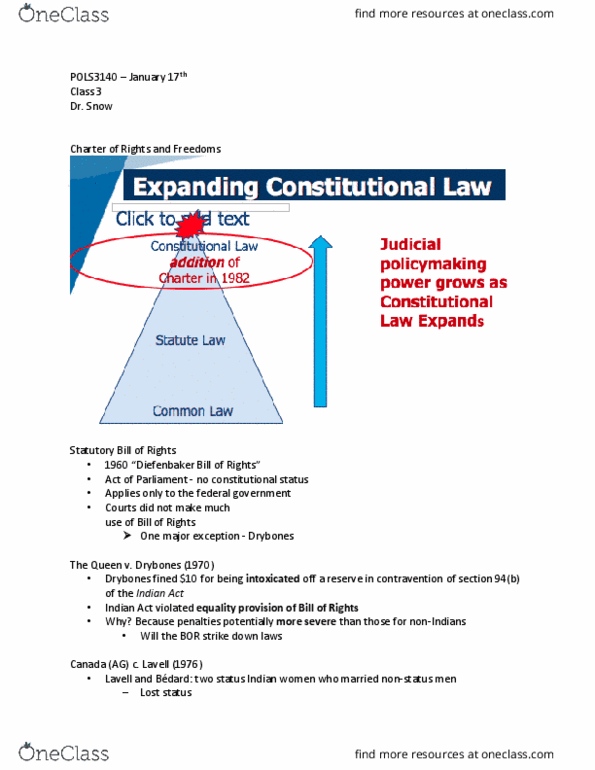 POLS 3140 Lecture Notes - Lecture 3: Section 33 Of The Canadian Charter Of Rights And Freedoms, Territorial Authorities Of New Zealand, Legislature thumbnail