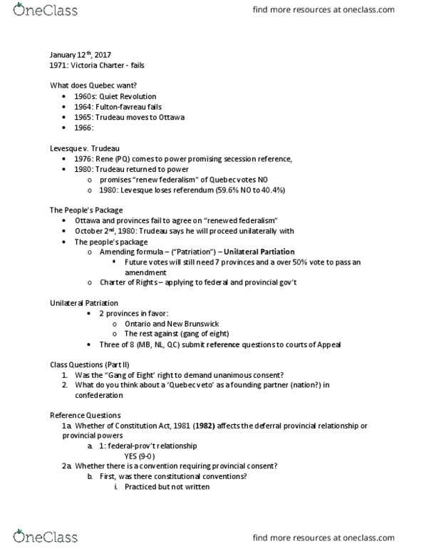 POLS 3140 Lecture Notes - Lecture 2: Unanimous Consent, Patriation, Victoria Charter thumbnail