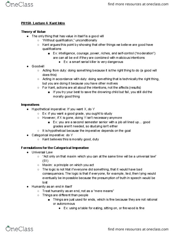 CAS PH 150 Lecture Notes - Lecture 4: Hypothetical Imperative, Categorical Imperative thumbnail