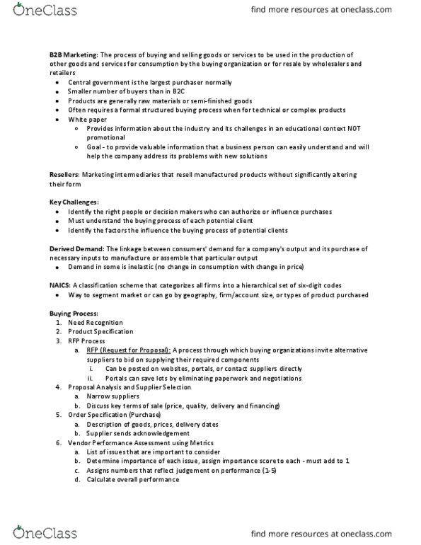 Management and Organizational Studies 2320A/B Chapter Notes - Chapter 5: Business Marketing, North American Industry Classification System, White Paper thumbnail