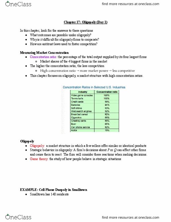 ECON 2304 Lecture Notes - Lecture 23: Demand Curve, Concentration Ratio, Oligopoly thumbnail