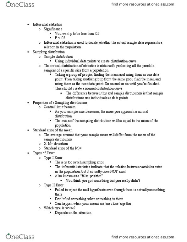 PSYC 3301 Lecture Notes - Lecture 3: Alcohol Tolerance, Type I And Type Ii Errors, Central Limit Theorem thumbnail