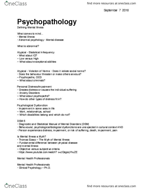 PSY 3171 Lecture Notes - Lecture 1: Doctor Of Psychology, Thomas Szasz, Abnormal Psychology thumbnail