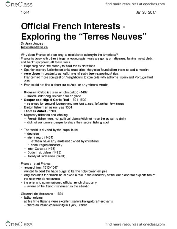 HIS 2361 Lecture Notes - Lecture 4: The Columbian Exchange, Jean Ribault, French Leave thumbnail