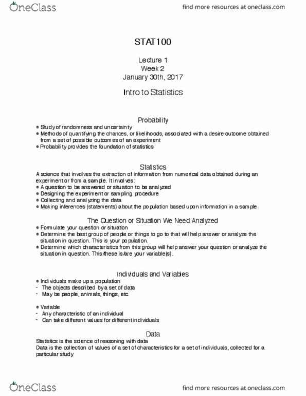 STAT 100 Lecture Notes - Lecture 1: Likert Scale, Simple Random Sample, January 30 thumbnail