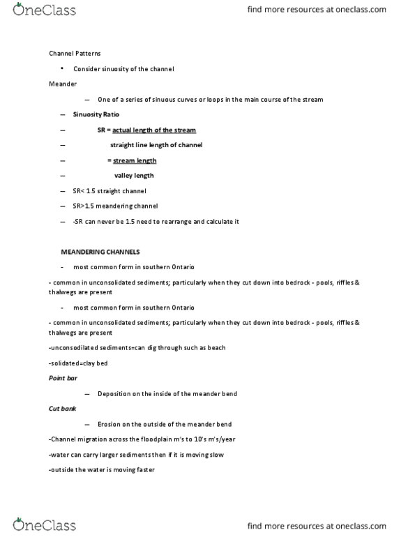 EARTHSC 2WW3 Lecture Notes - Lecture 2: Point Bar, Cut Bank, Free Range thumbnail