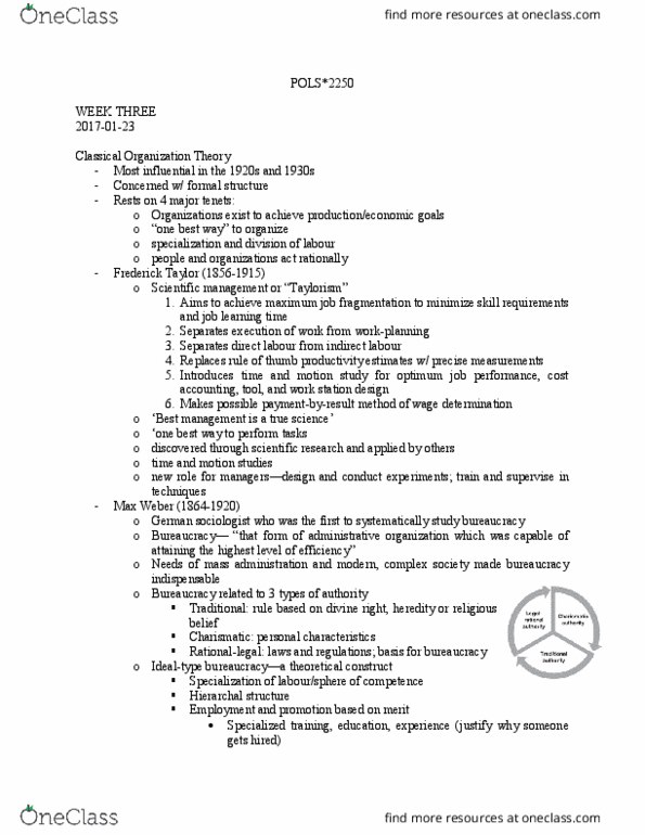 POLS 2250 Lecture Notes - Lecture 3: Chester Barnard, Scientific Management, Philip Selznick thumbnail