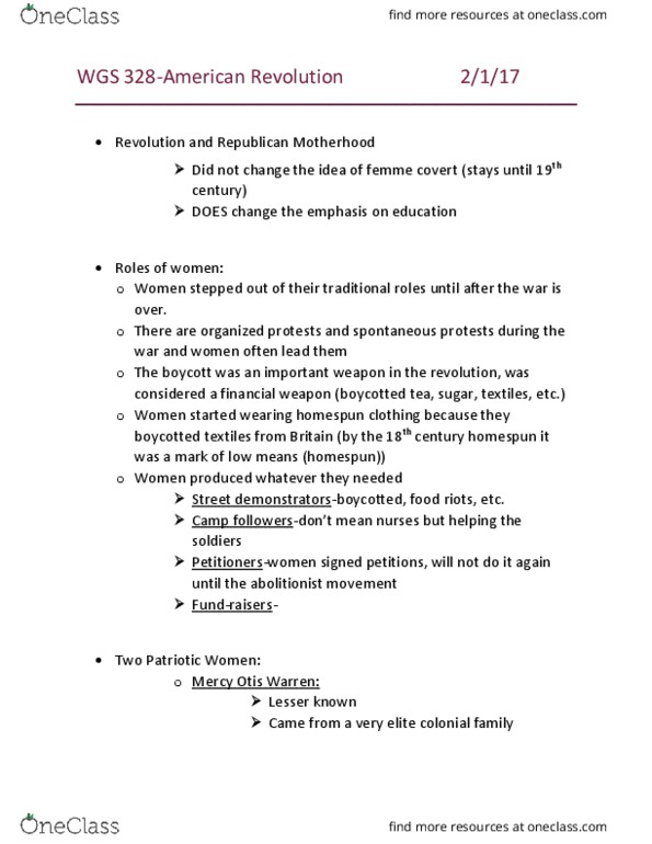 WGS 328 Lecture Notes - Lecture 6: Mercy Otis Warren, Abigail Adams, Age Of Enlightenment thumbnail