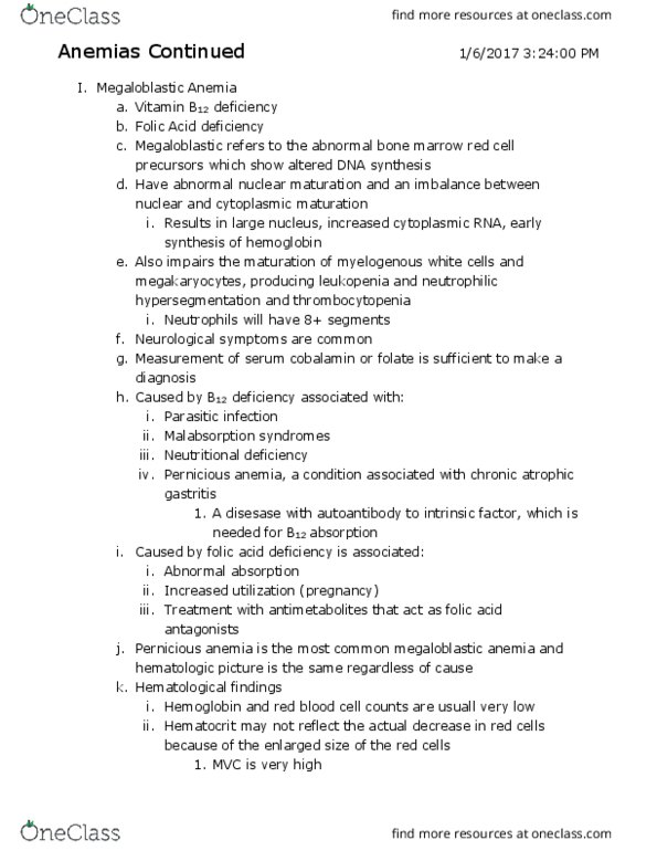 BISC 341 Lecture Notes - Lecture 6: Megaloblastic Anemia, Vitamin B12, Pernicious Anemia thumbnail