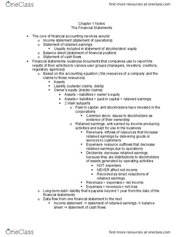 AEB 3122 Chapter Notes - Chapter 1: Retained Earnings, Net Income, Cash Flow thumbnail