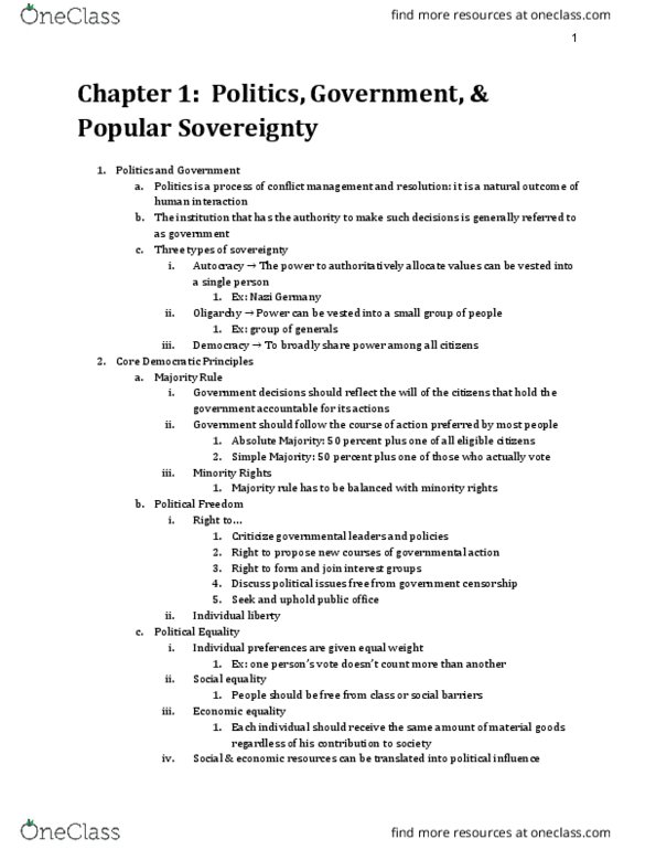 POLS 100 Chapter Notes - Chapter 1: Liberal Democracy, Representative Democracy, Social Equality thumbnail