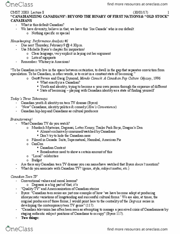 CMST 2G03 Lecture Notes - Lecture 8: Murdoch Mysteries, Teen Series, Canadian Identity thumbnail