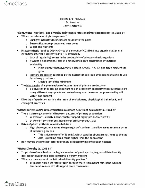 BIOLOGY 171 Lecture Notes - Lecture 18: Tropical Rainforest, Ocean Gyre, Primary Production thumbnail