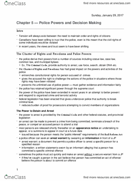 Sociology 2253A/B Chapter Notes - Chapter 5: Summary Offence, Lethal Force, False Imprisonment thumbnail