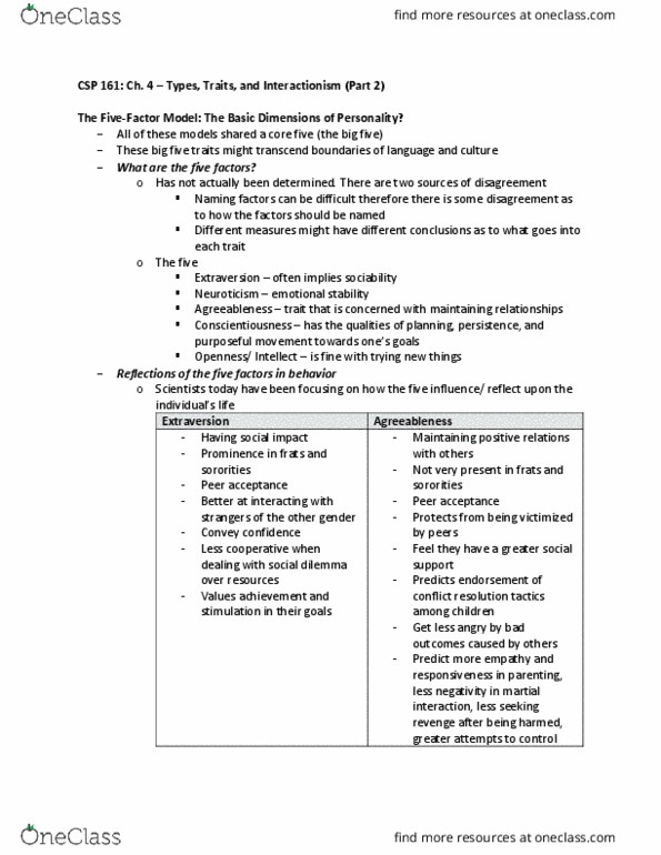 CSP 161 Chapter Notes - Chapter 1: Interpersonal Circumplex, Social Dilemma, Extraversion And Introversion thumbnail