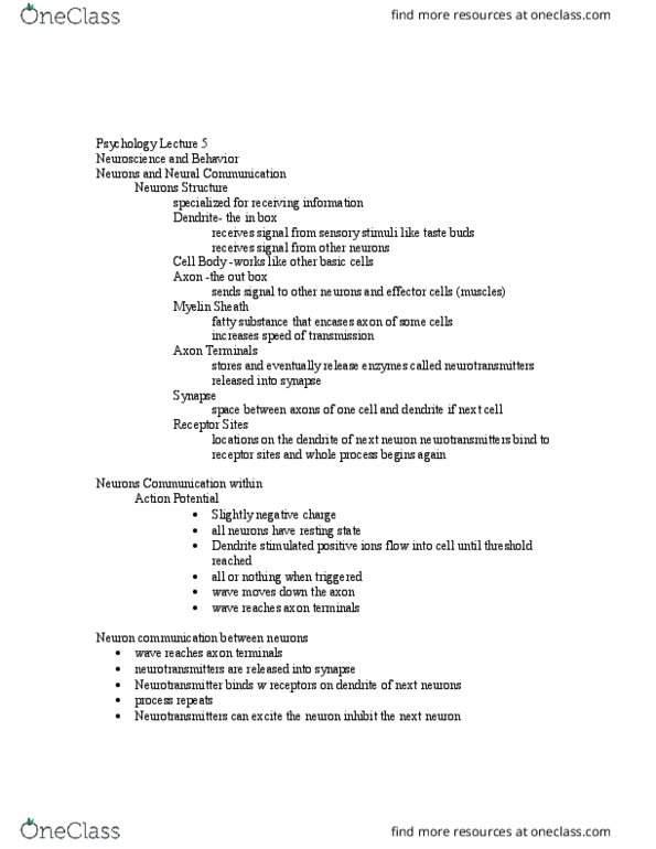 PSYCH 100 Lecture Notes - Lecture 5: Dendrite, Neurotransmitter, Reuptake thumbnail