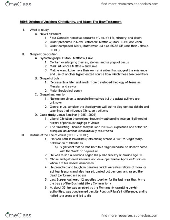 M E STD M50B Lecture Notes - Lecture 8: Synoptic Gospels, Jesus Seminar, Liberal Christianity thumbnail