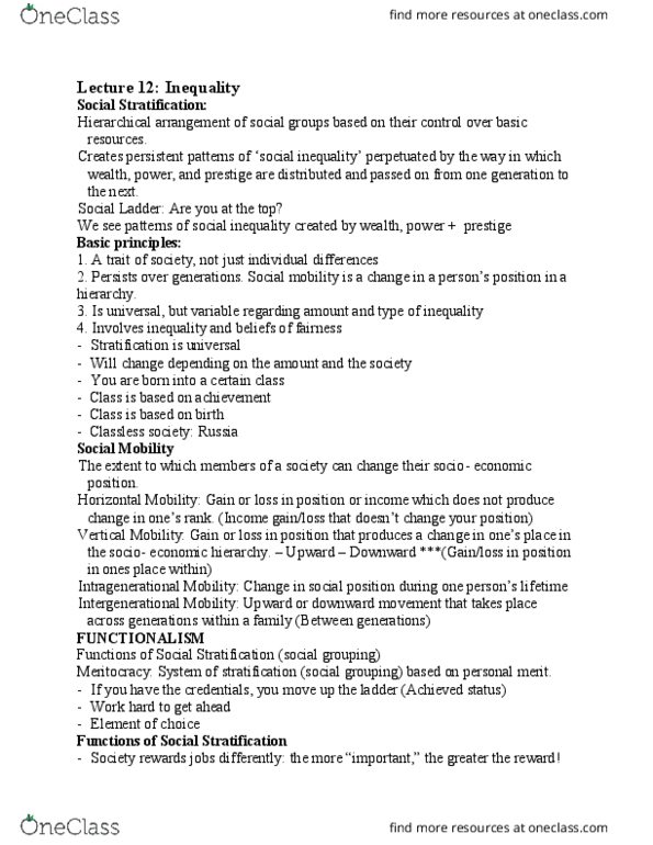 Sociology 1020 Lecture Notes - Lecture 12: Social Stratification, Classless Society, Social Inequality thumbnail