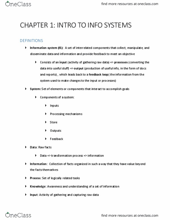 MGMT 104 Lecture Notes - Lecture 1: Transaction Processing System, Decision Support System, Enterprise Resource Planning thumbnail