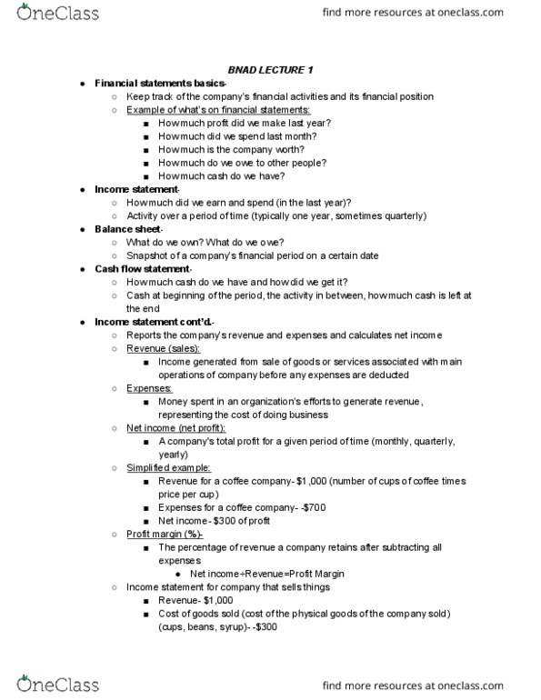 BNAD 100 Lecture Notes - Lecture 1: Gross Margin, Cash Flow Statement, Gross Profit thumbnail