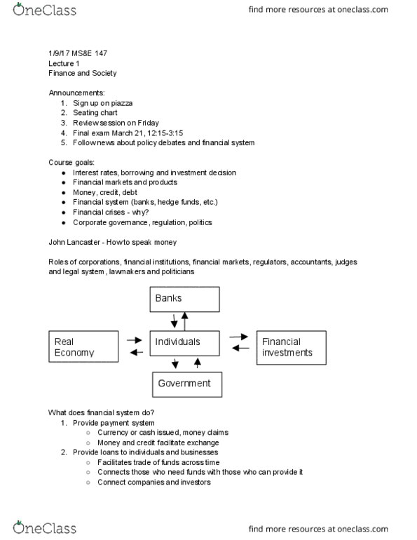 MS&E 147 Lecture Notes - Lecture 1: Financial System, Microfinance, Market Discipline thumbnail