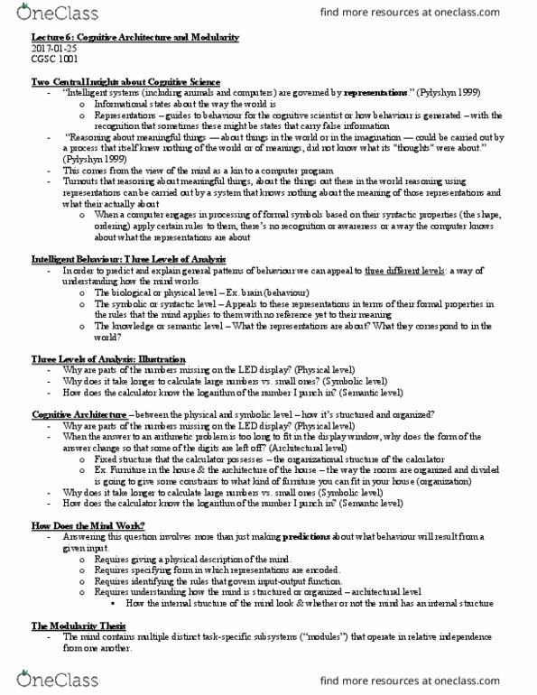 CGSC 1001 Lecture Notes - Lecture 6: Cognitive Architecture, Cognitive Module, Domain Specificity thumbnail