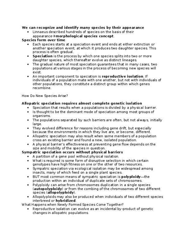 BIOL 3542 Lecture Notes - Sympatric Speciation, Allopatric Speciation, Reproductive Isolation thumbnail