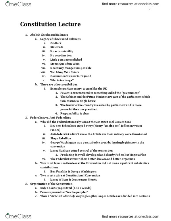 POLS 100 Lecture Notes - Lecture 2: Enumerated Powers, Direct Election, Connecticut Compromise thumbnail