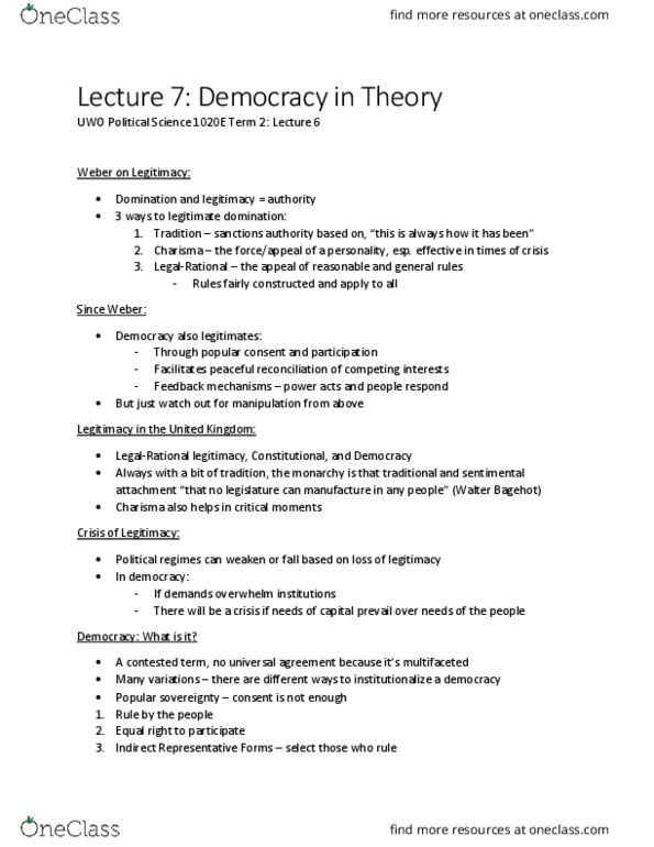 Political Science 1020E Lecture Notes - Lecture 7: University Of Western Ontario, Walter Bagehot, Direct Democracy thumbnail