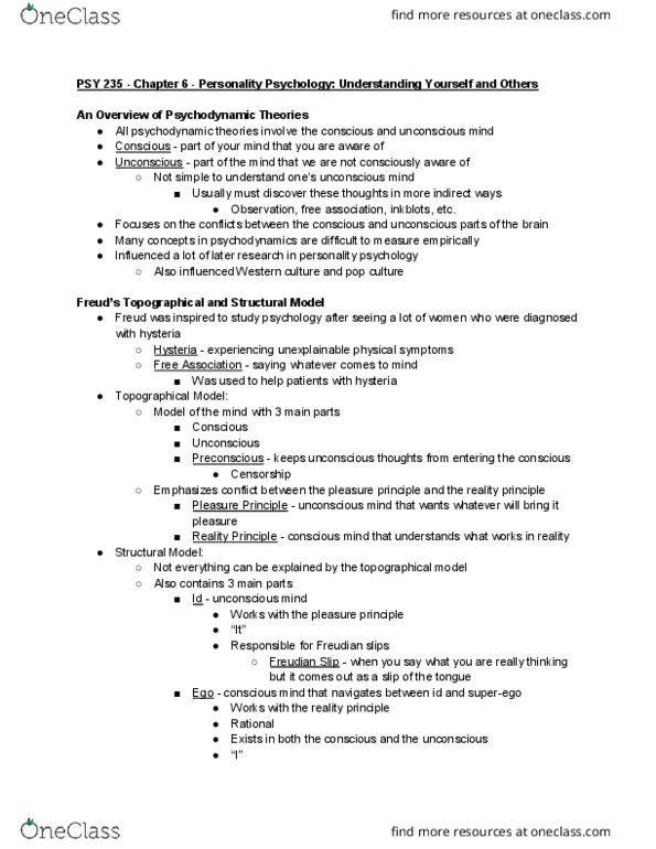 PSY 235 Chapter Notes - Chapter 6: Freudian Slip, Castration Anxiety, Unconscious Mind thumbnail