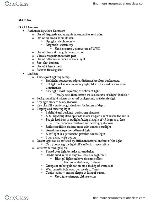 MAC 146 Lecture Notes - Lecture 10: Akira Kurosawa, Fill Light, Key Light thumbnail