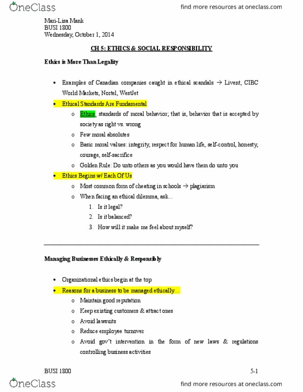 BUSI 1800 Chapter Notes - Chapter 5: Corporate Social Responsibility, Cibc World Markets, Federal Accountability Act thumbnail