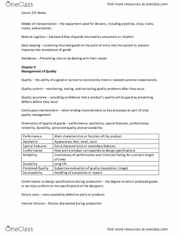 COMM 212 Lecture Notes - Lecture 9: Quality Assurance, Quality Management System, Quality Management thumbnail