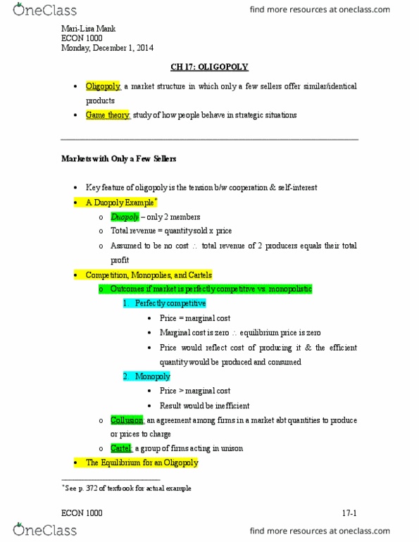 ECON 1000 Chapter Notes - Chapter 17: Monopoly Price, Nash Equilibrium, Oligopoly thumbnail