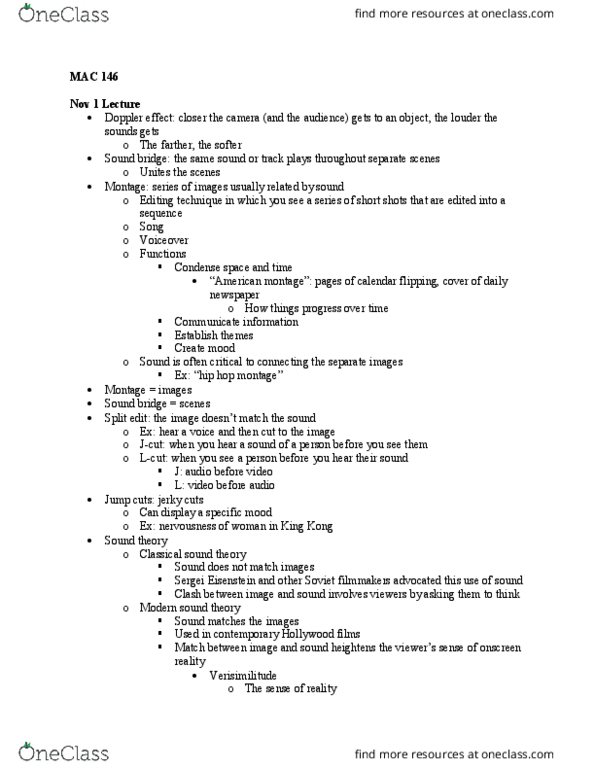 MAC 146 Lecture Notes - Lecture 12: Fast Cutting, Sergei Eisenstein, Establishing Shot thumbnail