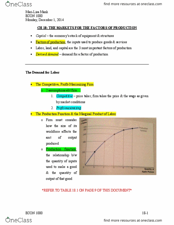 ECON 1000 Chapter Notes - Chapter 18: Marginal Product, Marginal Revenue, Demand Curve thumbnail