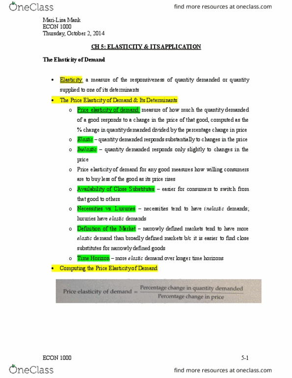 ECON 1000 Chapter Notes - Chapter 5: Demand Curve, Normal Good thumbnail