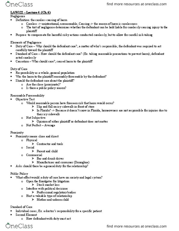 LAW 122 Lecture Notes - Lecture 4: Learned Hand, Objective Test, Reasonable Person thumbnail