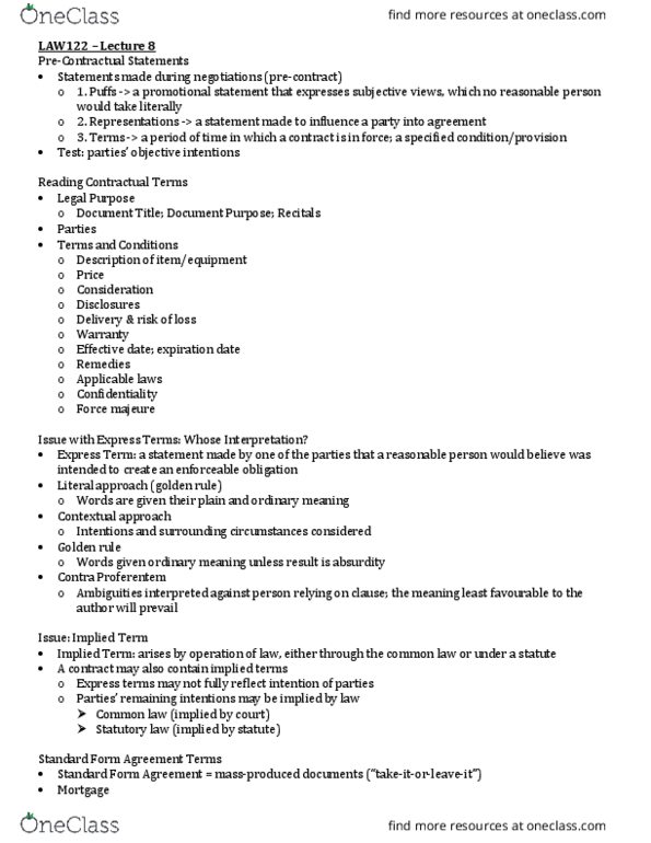 LAW 122 Lecture Notes - Lecture 8: Force Majeure, Precontract, Golden Rule thumbnail