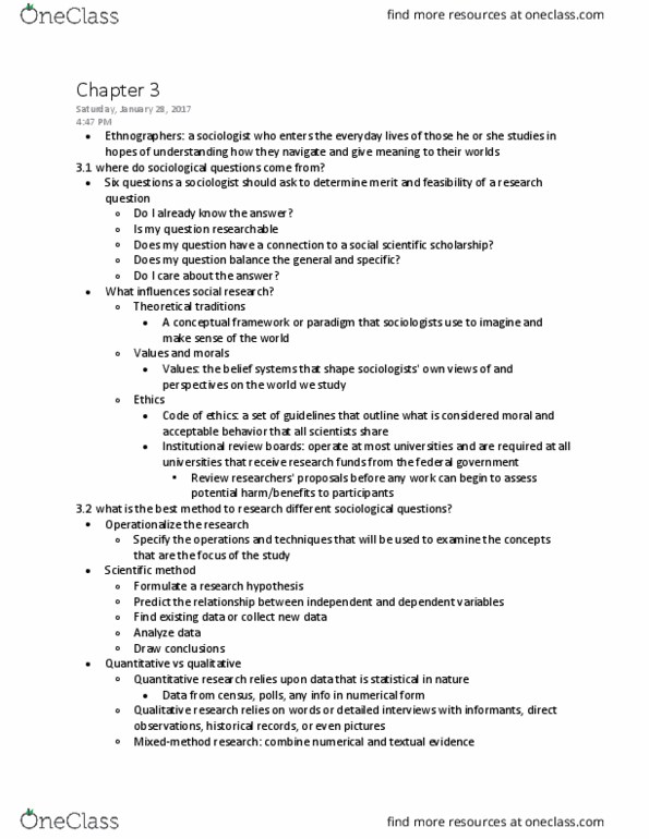 SOCI 1001 Chapter Notes - Chapter 3: General Social Survey, Ethnography, Spurious Relationship thumbnail