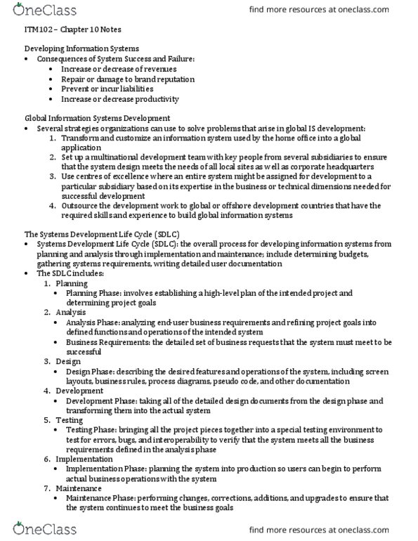 ITM 102 Lecture Notes - Lecture 10: Rational Unified Process, Systems Development Life Cycle, Rapid Application Development thumbnail