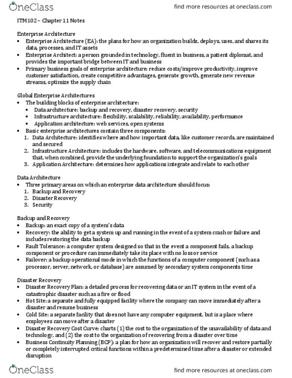 ITM 102 Lecture Notes - Lecture 11: Disaster Recovery Plan, Business Continuity Planning, Enterprise Architecture thumbnail