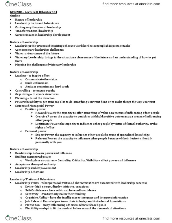 GMS 200 Lecture Notes - Lecture 8: Fiedler Contingency Model, Transformational Leadership, Centrality thumbnail