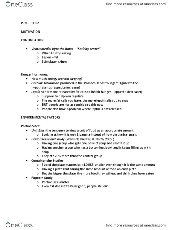 PSYC 102 Lecture Notes - Lecture 39: Leptin, Serving Size, Lesion thumbnail