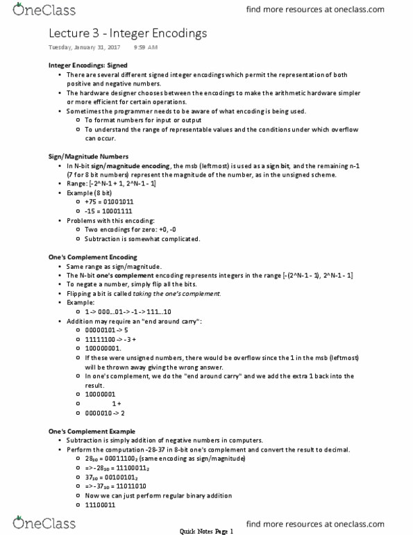 CSE 220 Lecture Notes - Lecture 3: Sign Bit, Negative Number, Arithmetic Shift thumbnail