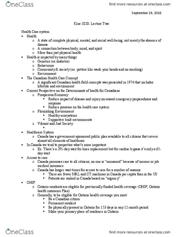 KINE 1020 Lecture Notes - Lecture 3: Health Care In Canada, Urology, Ontario Health Insurance Plan thumbnail