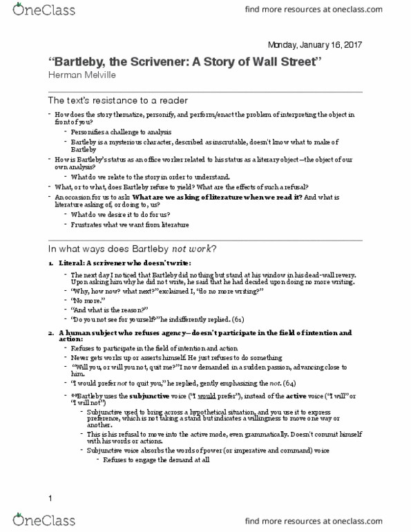 ENGLISH 1A03 Lecture Notes - Lecture 4: Scrivener, Herman Melville, Critical Inquiry thumbnail